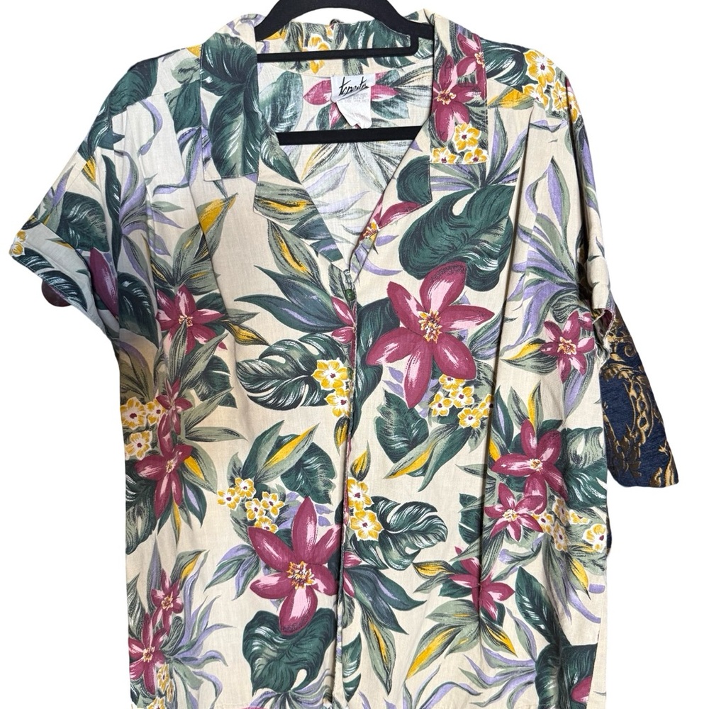 Tropical Floral Button-Up Shirt with Pink Blooms
